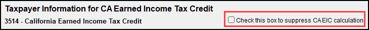 Image of "Suppress CA EIC calculation" check box on CA screen EIC 